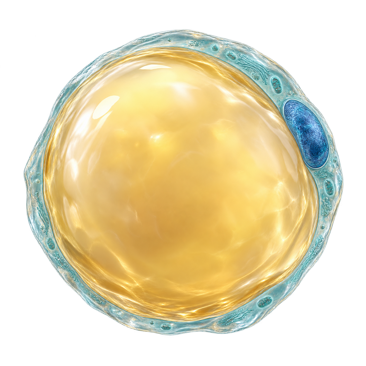 Illustrative 3D adipocyte cutaway with a large lipid droplet and peripheral nucleus