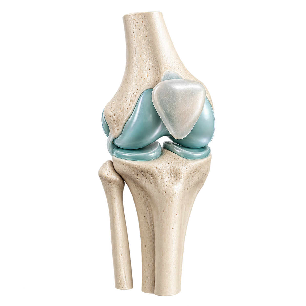 Illustrative 3D knee joint with pearl-colored bone and teal cartilage