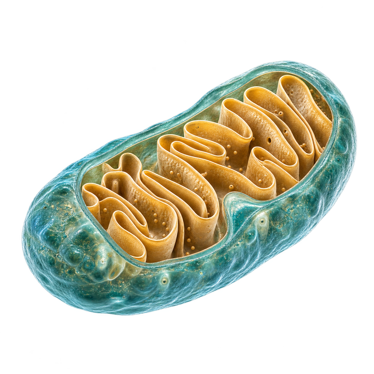 Illustrative 3D cutaway of a mitochondrion with its folded inner membrane