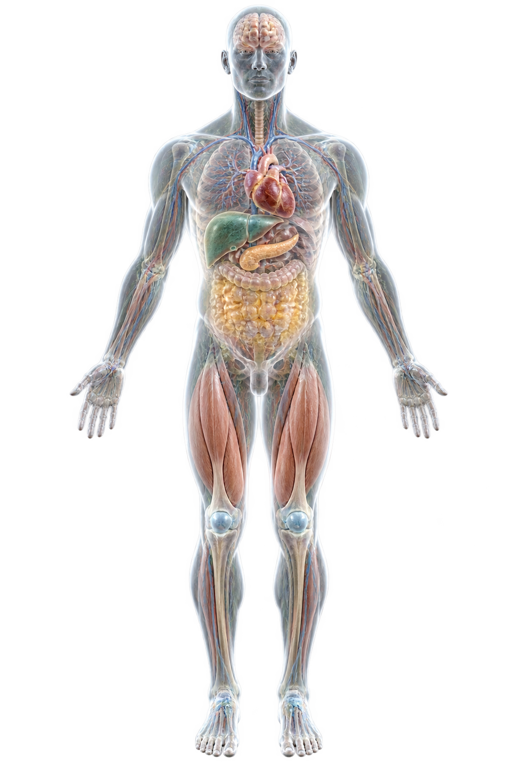 Front-facing 3D human anatomy visualization showing the brain, heart, liver, pancreas, abdominal tissue, thigh muscle and knee joint
